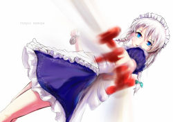 Rule 34 | 1girl, aiming, aiming at viewer, alternate hair length, alternate hairstyle, apron, between fingers, blue eyes, blurry, bow, braid, character name, depth of field, dress, foreshortening, frilled apron, frilled dress, frills, from below, from side, hair bow, holding, holding knife, izayoi sakuya, knife, knives between fingers, long hair, looking at viewer, looking down, looking to the side, maid, maid apron, maid headdress, murasaki saki, parted lips, perspective, pocket watch, pov, short dress, short sleeves, simple background, solo, standing, thighs, touhou, twin braids, watch, white background, white hair