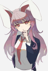 Rule 34 | 1girl, animal ears, blazer, facing viewer, hands on own chin, highres, hinataku1222, imperishable night, jacket, long hair, long sleeves, necktie, one-hour drawing challenge, purple hair, rabbit ears, rabbit girl, red eyes, red necktie, reisen udongein inaba, simple background, solo, touhou, upper body, white background