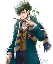 Rule 34 | 1boy, black bow, black bowtie, boku no hero academia, bow, bowtie, bowtruckle, coat, coin, collared shirt, cosplay, creature, fantastic beasts and where to find them, freckles, gem, gold coin, green coat, green eyes, green hair, harry potter (series), heart, holding, holding gem, holding wand, male focus, midoriya izuku, multicolored clothes, multicolored scarf, newt scamander, newt scamander (cosplay), niffler, pero (pero56870578), scarf, shirt, simple background, solo, tongue, tongue out, trench coat, twitter username, vest, wand, wizarding world, yellow vest