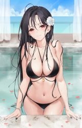 Rule 34 | 1girl, absurdres, ahoge, arm support, bare arms, bare shoulders, bead bracelet, beads, between breasts, bikini, black bikini, black hair, black nails, bracelet, breasts, cleavage, commentary, dangle earrings, earrings, emyo, english commentary, flower, hair flower, hair ornament, halterneck, highres, jewelry, large breasts, long hair, looking at viewer, nail polish, navel, original, petals, petals on liquid, pool, poolside, red eyes, skindentation, smile, solo, stomach, string bikini, swimsuit, thigh gap, thighs, very long hair, wading, water