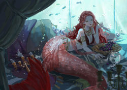 Rule 34 | 1girl, absurdres, armlet, breasts, cleavage, commentary, cup, earrings, fins, fish, food, fruit, grapes, green eyes, highres, jewelry, liliantsai0417, long hair, lying, mermaid, monster girl, original, pointy ears, red hair, scales, solo, underwater
