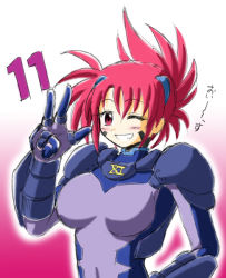 Rule 34 | 00s, 1girl, armor, bodysuit, collar, covered navel, facial mark, grin, lyrical nanoha, mahou shoujo lyrical nanoha, mahou shoujo lyrical nanoha strikers, numbers (nanoha), one eye closed, pink hair, purple bodysuit, red eyes, short hair, shoulder pads, simple background, skin tight, smile, solo, twintails, upper body, waving, wendi (nanoha), white background