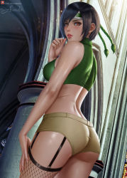 Rule 34 | 1girl, alexander dinh, artist name, ass, back, bare arms, bare shoulders, black hair, blush, breasts, brown eyes, brown shorts, building, cowboy shot, crop top, final fantasy, final fantasy vii, fishnet thighhighs, fishnets, forehead protector, garter straps, hand on own thigh, hand up, highres, lips, looking at viewer, looking back, medium breasts, outdoors, parted lips, short hair, short shorts, shorts, signature, single thighhigh, sleeveless, smile, solo, thighhighs, watermark, web address, yuffie kisaragi