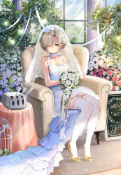 Rule 34 | 1girl, armchair, azur lane, bare arms, bare shoulders, birdcage, blonde hair, blue flower, blue rose, blush, bouquet, bow, breasts, bridal veil, bride, bush, cage, chair, cleavage, closed mouth, collar, collarbone, column, commentary request, cross, cross earrings, day, dress, earrings, flower, footwear bow, french text, full body, garter straps, glint, hair flower, hair ornament, hair over one eye, high heels, highres, holding, holding bouquet, indoors, jewelry, kiyosato 0928, light, light frown, light rays, medium breasts, pillar, pink flower, pink rose, pumps, rose, see-through, sheffield (azur lane), shoes, short hair, sign, sitting, sleeveless, sleeveless dress, solo, stiletto heels, sunbeam, sunlight, table, thighhighs, turret, veil, wedding dress, white dress, white flower, white rose, white thighhighs, window, yellow bow, yellow footwear
