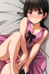 Rule 34 | 1girl, absurdres, babydoll, bare arms, bed sheet, black hair, black legwear, blush, breasts, brown hair, cleavage, closed mouth, commentary request, highres, long hair, looking at viewer, lying, matsunaga kouyou, on back, original, panties, pink babydoll, pink panties, removing legwear, small breasts, smile, solo, thighs, underwear