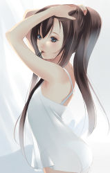 Rule 34 | 1boy, adjusting hair, blue eyes, blush, brown hair, curtains, dress, fuuchouin kazuki, getbackers, highres, lips, long hair, male focus, mouth hold, nightgown, panties, papillon10, ponytail, see-through, skirt, solo, sweat, trap, underwear, very long hair, white dress, white panties, white skirt, wind