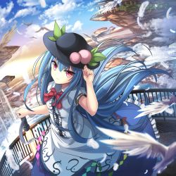Rule 34 | 1girl, bird, black hat, blue hair, blue skirt, blue sky, bow, bowtie, building, center frills, cloud, cloudy sky, collared shirt, day, feathers, floating hair, floating island, floating rock, food, frills, fruit, hat, hat tip, highres, hinanawi tenshi, janne cherry, long hair, looking at viewer, outdoors, peach, puffy short sleeves, puffy sleeves, red bow, red bowtie, red eyes, shirt, short sleeves, skirt, sky, solo, sword of hisou, touhou, very long hair, white shirt, wing collar