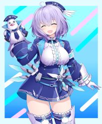 Rule 34 | 1girl, :d, ^ ^, absurdres, ahoge, asamura hiori, blue hat, blue jacket, blue skirt, blue thighhighs, blush, breasts, center frills, closed eyes, commentary request, cropped jacket, facing viewer, frilled sleeves, frilled thighhighs, frills, gloves, hair between eyes, hand puppet, hat, high-waist skirt, highres, jacket, long sleeves, medium breasts, mini hat, open clothes, open jacket, open mouth, phantasy star, phantasy star online 2, pleated skirt, popona, puffy long sleeves, puffy sleeves, puppet, purple hair, revision, shirt, skirt, smile, solo, standing, thighhighs, tilted headwear, white gloves, white shirt