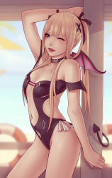 Rule 34 | 1girl, arm up, bare shoulders, black ribbon, blonde hair, blue eyes, blurry, blurry background, blush, breasts, center opening, choker, commission, day, dead or alive, dead or alive 5, demon tail, hair ornament, hair ribbon, leotard, lifebuoy, lips, long hair, looking at viewer, marie rose, navel, one eye closed, parted lips, profile, ribbon, small breasts, solo, soranamae, strapless, strapless leotard, swim ring, tail, tecmo, twintails, wings, x hair ornament