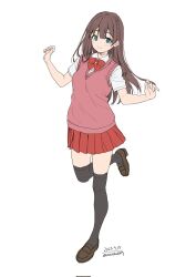 Rule 34 | 1girl, black thighhighs, blue eyes, blush, bow, bowtie, braid, brown footwear, brown hair, collared shirt, commentary, dated, dot nose, full body, hair between eyes, hands up, highres, long hair, looking at viewer, original, pink vest, pleated skirt, red bow, red bowtie, red skirt, school uniform, shirt, short sleeves, simple background, single braid, skirt, smile, solo, split mouth, standing, standing on one leg, thighhighs, twitter username, unasaka ryou, vest, white background, white shirt
