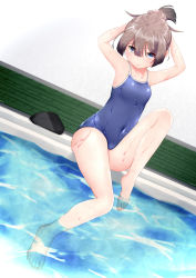 Rule 34 | 1girl, absurdres, bad id, bad pixiv id, barefoot, blue one-piece swimsuit, brown hair, commentary request, competition school swimsuit, dutch angle, flat chest, folded ponytail, highres, kantai collection, kazagumo (kancolle), long hair, ludens (inonaka koubou), one-piece swimsuit, ponytail, pool, poolside, rock, school swimsuit, sitting, soaking feet, solo, swimsuit, water, wet, wet clothes, wet swimsuit