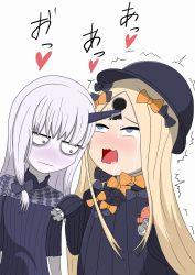 Rule 34 | 2girls, abigail williams (fate), black bow, black dress, black hat, blue eyes, boruto (volt-19), bow, closed mouth, commentary request, crying, crying with eyes open, dress, fate/grand order, fate (series), hair bow, hat, heart, highres, horns, hugging object, keyhole, lavinia whateley (fate), long hair, long sleeves, multiple girls, open mouth, orange bow, parted bangs, pink eyes, polka dot, polka dot bow, saliva, sexually suggestive, simple background, single horn, sleeves past wrists, stuffed animal, stuffed toy, suggestive fluid, tears, teddy bear, translation request, trembling, uncommon stimulation, very long hair, wavy mouth, white background, white hair, wide-eyed, yuri