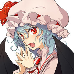 Rule 34 | 1girl, bat wings, blue hair, fang, fingers together, hat, lowres, nakatani, red eyes, remilia scarlet, simple background, slit pupils, solo, touhou, wavy hair, white background, wings
