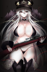Rule 34 | absurdres, black bra, black panties, bolt action, boots, bra, breasts, choker, cleavage, cloak, collarbone, collared shirt, cross, cross-laced footwear, dark background, fur collar, fur trim, girls&#039; frontline, glowing, glowing eyes, gun, hat, highres, holding, holding gun, holding weapon, iron cross, kar98k (girls&#039; frontline), kyle (kysizzle), lace-up boots, large breasts, looking at viewer, mauser 98, military hat, nail polish, open clothes, open shirt, panties, peaked cap, red eyes, rifle, shirt, solo, thighhighs, underwear, weapon, white hair