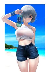 Rule 34 | 1girl, bare shoulders, beach, blue eyes, blue shorts, blue sky, blush, bottle, breasts, energy drink, grey hair, hair ornament, hair over one eye, hairclip, hamakaze (kancolle), highres, kantai collection, large breasts, looking at viewer, midriff, monster energy, navel, ocean, shirt, shore, short hair, shorts, sky, sleeveless, sleeveless shirt, smile, solo, thighs, wa (genryusui), white shirt, wristband