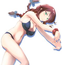 Rule 34 | 1girl, bikini, black bikini, braid, breasts, brown hair, cleavage, commentary request, feet out of frame, green eyes, highres, kantai collection, large breasts, long hair, looking at viewer, lying, noshiro (kancolle), on side, red scrunchie, scrunchie, solo, swimsuit, tsukasa (tukasa br), twin braids, wrist scrunchie