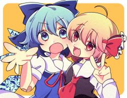 Rule 34 | 2girls, :o, ahoge, ascot, bandaid, bandaid on arm, black dress, blonde hair, blue bow, blue dress, blue eyes, blue hair, border, bow, cirno, dot nose, dress, fang, hair bow, hair ribbon, ice, ice wings, long sleeves, multiple girls, open mouth, red ascot, red eyes, red ribbon, ribbon, rumia, short hair, short sleeves, skin fang, touhou, tsugomori (remilia0398), v, v-shaped eyebrows, white border, wings, yellow background
