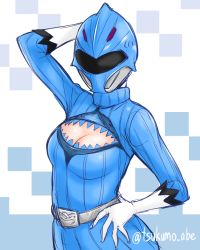 Rule 34 | 1girl, abe tsukumo, amu (doubutsu sentai zyuohger), animification, bodysuit, breasts, cleavage, cleavage cutout, clothing cutout, doubutsu sentai zyuohger, gloves, helmet, looking at viewer, meme attire, open-chest sweater, ribbed sweater, solo, super sentai, sweater