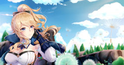 Rule 34 | 1girl, absurdres, adjusting hair, black gloves, blonde hair, blue capelet, blue eyes, blue sky, blush, breasts, capelet, cleavage, closed mouth, cloud, commentary, dandelion, detached collar, detached sleeves, dimazu, dress, english commentary, flower, genshin impact, gloves, hair between eyes, hair ribbon, high ponytail, highres, jean (genshin impact), large breasts, multicolored capelet, outdoors, pink lips, ponytail, ribbon, rock, sidelocks, sky, solo, tree, white dress