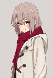 Rule 34 | 1girl, blush, brown hair, closed mouth, coat, commentary request, duffel coat, enpera, from side, grey background, hair between eyes, highres, hood, hood down, hooded coat, long sleeves, looking at viewer, looking to the side, open clothes, open coat, original, red eyes, red scarf, scarf, short hair, simple background, smile, solo, upper body, white coat, yahiro (epicopeiidae)