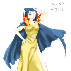 Rule 34 | 1girl, blue hair, cape, creatures (company), fire, game freak, gen 2 pokemon, hechimaru, long hair, nintendo, one eye closed, personification, pokemon, red eyes, simple background, solo, translated, typhlosion, white background, wink