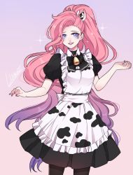 Rule 34 | 1girl, absurdres, animal ears, animal print, apron, bell, cow ears, cow print, dress, highres, horns, league of legends, lipstick, long hair, maid, makeup, pink hair, seraphine (league of legends)