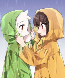 Rule 34 | 1boy, 1other, animal ears, asriel dreemurr, blush, bob cut, brown hair, chara (undertale), closed mouth, fang, furry, furry male, highres, leftporygon, looking at another, medium hair, outdoors, parted lips, porygonleft, rain, raincoat, red eyes, skin fang, smile, standing, undertale, upper body, water drop, white fur, yellow eyes