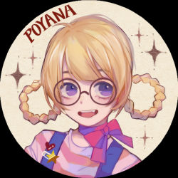 Rule 34 | 1girl, :d, blonde hair, braid, braided hair rings, ez 1011, framed, glasses, hair rings, looking at viewer, open mouth, pink shirt, portrait, purple eyes, round eyewear, shirt, smile, solo, striped clothes, striped shirt, twin braids
