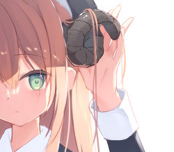 Rule 34 | 1girl, arm up, beret, black hat, black shirt, blush, brown hair, collared shirt, curled horns, green eyes, hair between eyes, hat, highres, horns, humuyun, long sleeves, looking at viewer, original, parted lips, portrait, shirt, simple background, solo, white background