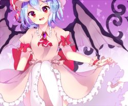 Rule 34 | 1girl, arm ribbon, ascot, bad id, bad pixiv id, bat wings, blurry, blush, bow, depth of field, dress, frills, gem, gradient background, gradient eyes, hat, motsuni (lxxe1120), multicolored eyes, pantyhose, pink dress, puffy short sleeves, puffy sleeves, purple background, red bow, red eyes, remilia scarlet, ribbon, short hair, short sleeves, sitting, solo, thighhighs, touhou, white pantyhose, wings, wrist cuffs