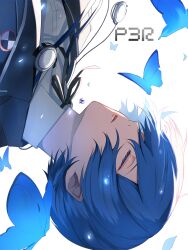 Rule 34 | 1boy, artist name, black jacket, black ribbon, blue butterfly, bug, butterfly, closed eyes, collared shirt, copyright name, gekkoukan high school uniform, headphones, highres, insect, jacket, male focus, neck ribbon, open clothes, open jacket, parted lips, persona, persona 3, persona 3 reload, ribbon, school uniform, shirt, short hair, signature, simple background, solo, tukaharakaname, upper body, upside-down, white background, white shirt, wing collar, yuuki makoto (persona 3)