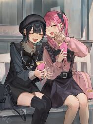 Rule 34 | 2girls, ^ ^, absurdres, backpack, bag, bench, beret, black bow, black dress, black hair, black headwear, black skirt, black thighhighs, blue hair, blunt bangs, bow, closed eyes, crepe, double-parted bangs, douryou (buta5813), dress, ear piercing, eyeshadow, fang, food, friled, hair bow, handbag, hat, highres, hinamizawa hinami (tetto), holding, holding food, laughing, makeup, multicolored hair, multiple girls, open mouth, original, piercing, pink hair, pink shirt, shirt, sidelocks, sitting, skirt, tetto (onnoveltet), thighhighs, twintails, window