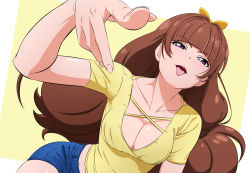 Rule 34 | 1girl, amanogawa kirara, blue shorts, blunt bangs, breasts, brown hair, cleavage, collarbone, fuchi (nightmare), go! princess precure, large breasts, looking at viewer, open mouth, precure, purple eyes, shirt, short shorts, short sleeves, shorts, solo, tongue, tongue out, yellow shirt
