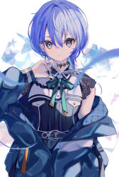 Rule 34 | 1girl, belt, black belt, black choker, black dress, blue eyes, blue hair, blue jacket, bow, bow earrings, breasts, choker, collared dress, dress, earrings, green ribbon, hair between eyes, highres, hololive, hoshimachi suisei, hoshimachi suisei (streetwear), jacket, jewelry, lace, lace choker, lace sleeves, long hair, long sleeves, looking at viewer, neck ribbon, official alternate costume, official alternate hairstyle, ribbon, sa-ya2, short dress, short sleeves, skirt, skirt set, small breasts, solo, star (symbol), star in eye, symbol in eye, two-sided fabric, two-sided jacket, virtual youtuber, white background