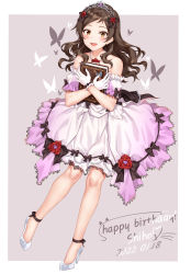 Rule 34 | 1girl, absurdres, bare shoulders, blush, book, brown eyes, bug, butterfly, collarbone, dated, dress, flower, full body, gloves, hair flower, hair ornament, happy birthday, high heels, highres, idolmaster, idolmaster million live!, idolmaster million live! theater days, insect, jewelry, kitazawa shiho, knees, lace, lace-trimmed dress, lace trim, long hair, looking at viewer, medium dress, necklace, open mouth, pearl necklace, rose, simple background, sirurabbit, smile, tiara, wavy hair, white legwear