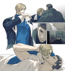 Rule 34 | bara, black hair, black jacket, blue shirt, brown hair, chris redfield, closed eyes, closed mouth, cup, curtained hair, facial hair, french kiss, highres, holding, holding cup, jacket, kiss, large pectorals, leon s. kennedy, looking at another, lying, male focus, muscular, muscular male, on side, open clothes, open jacket, open mouth, pectorals, resident evil, resident evil 6, shirt, short hair, smile, tongue, tongue out, ugoxqwfqpzfmbu2, yaoi