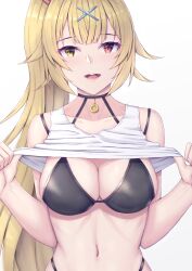 Rule 34 | 1girl, absurdres, bikini, black bikini, black choker, blonde hair, blunt bangs, breasts, choker, cleavage, clothes lift, collarbone, commentary request, hair ornament, heterochromia, highres, hoshikawa sara, large breasts, lifting own clothes, long hair, looking at viewer, navel, nijisanji, ohguro mariya, open mouth, orange eyes, red eyes, shirt, shirt lift, side ponytail, simple background, smile, solo, swimsuit, tank top, underwear, upper body, very long hair, virtual youtuber, white background, white shirt, x hair ornament