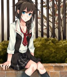 Rule 34 | 10s, 1girl, black socks, blue eyes, braid, braiding hair, breasts, brown hair, checkered clothes, checkered skirt, cleavage, collarbone, fence, flower bed, hair over shoulder, hair ribbon, hairdressing, highres, kantai collection, long hair, looking at viewer, necktie, open clothes, open mouth, ribbon, rinarisa, school uniform, shigure (kancolle), shirt, sitting, skirt, socks, solo, tree, umo