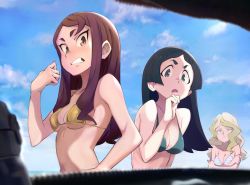 Rule 34 | 3girls, 90millimetri, aqua bikini, barbara parker, bare shoulders, bikini, black hair, blonde hair, blue bikini, blue eyes, blunt ends, breasts, brown eyes, brown hair, cleavage, clenched teeth, closed mouth, cloud, cloudy sky, collarbone, crossed arms, day, diana cavendish, frown, gold bikini, hand on own face, hand on own hip, hand up, hannah england, highres, linea alba, little witch academia, long hair, looking at viewer, medium breasts, multicolored bikini, multicolored clothes, multiple girls, navel, open mouth, parted bangs, short eyebrows, sideboob, sidelocks, single sidelock, sky, straight hair, striped bikini, striped clothes, swimsuit, teeth, thick eyebrows, tsurime, underboob, upper body, v-shaped eyebrows, wavy hair, wavy mouth, white bikini
