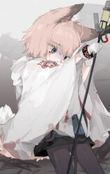 Rule 34 | 1girl, ahoge, animal ears, arknights, black pantyhose, blood, bloody tears, blue eyes, bracelet, coat, commentary, fox ears, fox girl, fox tail, gloves, highres, holding, holding staff, infection monitor (arknights), jewelry, lab coat, long sleeves, nosebleed, pantyhose, pink hair, short hair, solo, staff, sussurro (arknights), tail, unitedunti, white coat, white gloves
