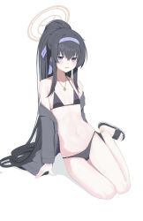 Rule 34 | 1girl, absurdres, bikini, black bikini, black footwear, black hair, blue archive, blush, breasts, commentary request, full body, grey jacket, hairband, high ponytail, highres, jacket, jewelry, kuyoumi, legs, long hair, long sleeves, looking at viewer, necklace, o-ring, o-ring bikini, off shoulder, official alternate costume, open clothes, open jacket, open mouth, ponytail, purple eyes, purple hairband, sandals, simple background, sitting, small breasts, solo, sweatdrop, swimsuit, ui (blue archive), ui (swimsuit) (blue archive), white background, yokozuwari