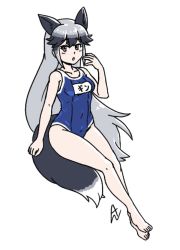 Rule 34 | 1girl, acesrulez, alternate costume, animal ears, bare arms, bare legs, bare shoulders, barefoot, blue one-piece swimsuit, blush, commentary request, extra ears, fox ears, fox girl, fox tail, full body, grey hair, kemono friends, long hair, multicolored hair, name tag, one-piece swimsuit, school uniform, sidelocks, silver fox (kemono friends), solo, swimsuit, tail, translation request, yellow eyes