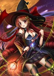 Rule 34 | 1girl, bare shoulders, black thighhighs, blush, breasts, cleavage, drill hair, garter straps, hair ribbon, hat, highres, holding, holding weapon, long hair, looking at viewer, magic, moon, open mouth, original, outdoors, purple skirt, red eyes, red hair, ribbon, shibata rai, sideboob, skirt, sky, smile, solo, staff, thighhighs, very long hair, weapon, witch hat