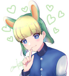 Rule 34 | 1boy, absurdres, animal crossing, animal ears, bad id, bad pixiv id, blonde hair, blue eyes, blush, closed mouth, floral print, green hair, heart, highres, long sleeves, looking at viewer, male focus, multicolored hair, nintendo, rabbit boy, rabbit ears, sasha (animal crossing), smile, solo, trap, two-tone hair, user tmsy2847