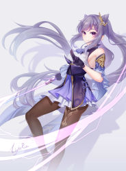 Rule 34 | 1girl, absurdres, bare shoulders, black gloves, breasts, brown pantyhose, cone hair bun, detached sleeves, foot out of frame, genshin impact, gloves, grey background, hair bun, highres, holding, holding sword, holding weapon, keqing (genshin impact), large breasts, lightria, long hair, looking at viewer, miniskirt, pantyhose, pleated skirt, purple eyes, purple hair, purple skirt, purple theme, shirt, simple background, skirt, sleeveless, sleeveless shirt, smile, solo, sword, twintails, very long hair, weapon, white shirt