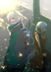 Rule 34 | 1boy, 1girl, absurdres, black pants, blue hair, brown coat, brown gloves, brown scarf, closed eyes, closed mouth, coat, covered mouth, cowboy shot, gloves, green background, green jacket, grey background, hair over one eye, hand up, highres, jacket, kaneki ken, kirishima touka, kyuuba melo, light, official style, open clothes, open coat, pants, red eyes, scarf, short hair, striped clothes, striped pants, tokyo ghoul, white hair, winter clothes