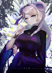 Rule 34 | 1girl, absurdres, animal ears, arknights, bielin, black hairband, breasts, character name, commentary request, dress, grey eyes, hairband, highres, large breasts, lin (arknights), long sleeves, looking at viewer, mouse ears, purple dress, purple hair, solo, upper body