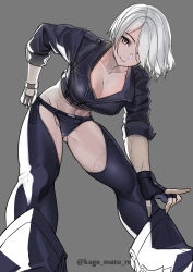 Rule 34 | 1girl, absurdres, angel (kof), boots, bra, breasts, cleavage, cowboy boots, cropped jacket, fingerless gloves, gloves, hair over one eye, highres, jacket, kagematsuri, large breasts, leather, leather jacket, looking at viewer, looking down, snk, strapless, strapless bra, the king of fighters, the king of fighters xiv, the king of fighters xv, toned, underwear, white hair