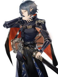 Rule 34 | 1boy, absurdres, ahoge, arknights, armor, armpits, belt, black belt, black cape, black shirt, blue hair, cape, chinese clothes, closed mouth, commentary, cowboy shot, grey hair, hand up, high collar, highres, holding, holding sword, holding weapon, looking at viewer, male focus, multicolored hair, orange cape, pointy ears, sheath, sheathed, shirt, short hair, simple background, sleeveless, sleeveless shirt, solo, standing, strap, streaked hair, sword, two-sided cape, two-sided fabric, vambraces, weapon, white background, xian guang, zuo le (arknights)