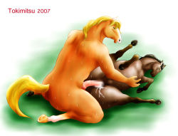 Rule 34 | 1boy, 1girl, artist name, ass, blonde hair, brown hair, censored, crotch boob, furry, hetero, hooves, horse, no humans, nude, penis, pussy, sex, tokimitsu, wet